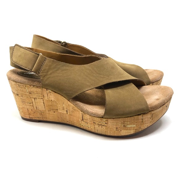 Clarks Cork Wedge Sandals Sz 10 - Picture 1 of 9